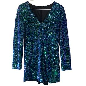 New Years! Sz M Green Discoball Sparkly Long Sleeved Romper/Shorts Zip up back